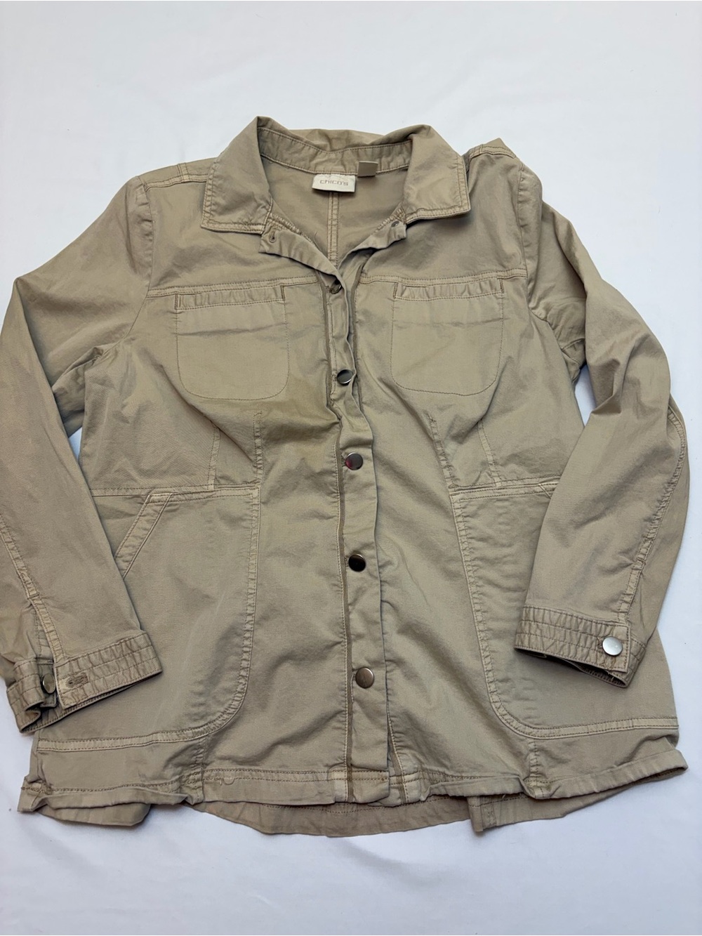 Chico's Beige Women's Utility Jacket Button Down Cargo Shirt Jacket Size 2 Large